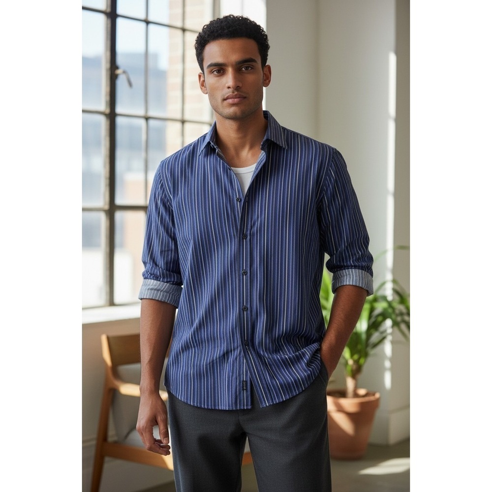 7 Diamonds Mens Blue Pinstripe Dress Shirt Size XL Button Up Collared Long Sleev